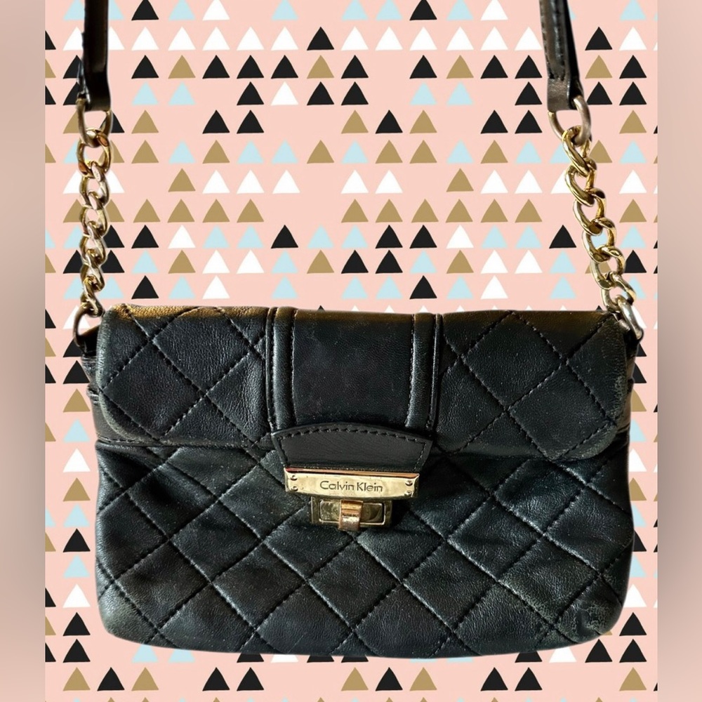 Calvin Klein Black Quilted Crossbody Bag With Partial Gold Chain Strap